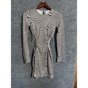 H&M Dress Juniors XS Black White Stripe Cutout Ruched Bodycon Mini Long Sleeve